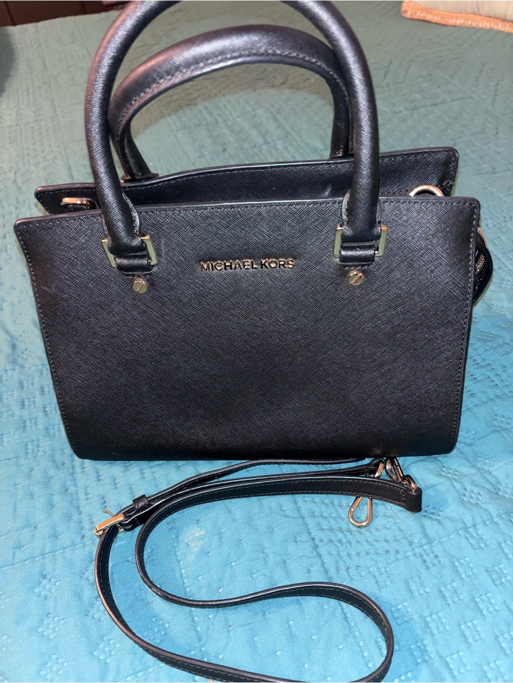 MICHAEL KORS Black Saffiano Structured Satchel with Gold Hardware